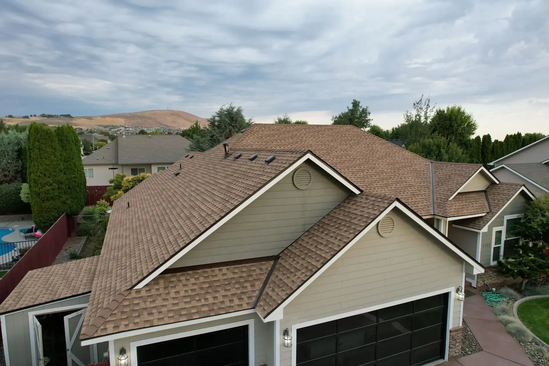 Architectural shingle re-roof. Drone photo by Pantoja's Construction