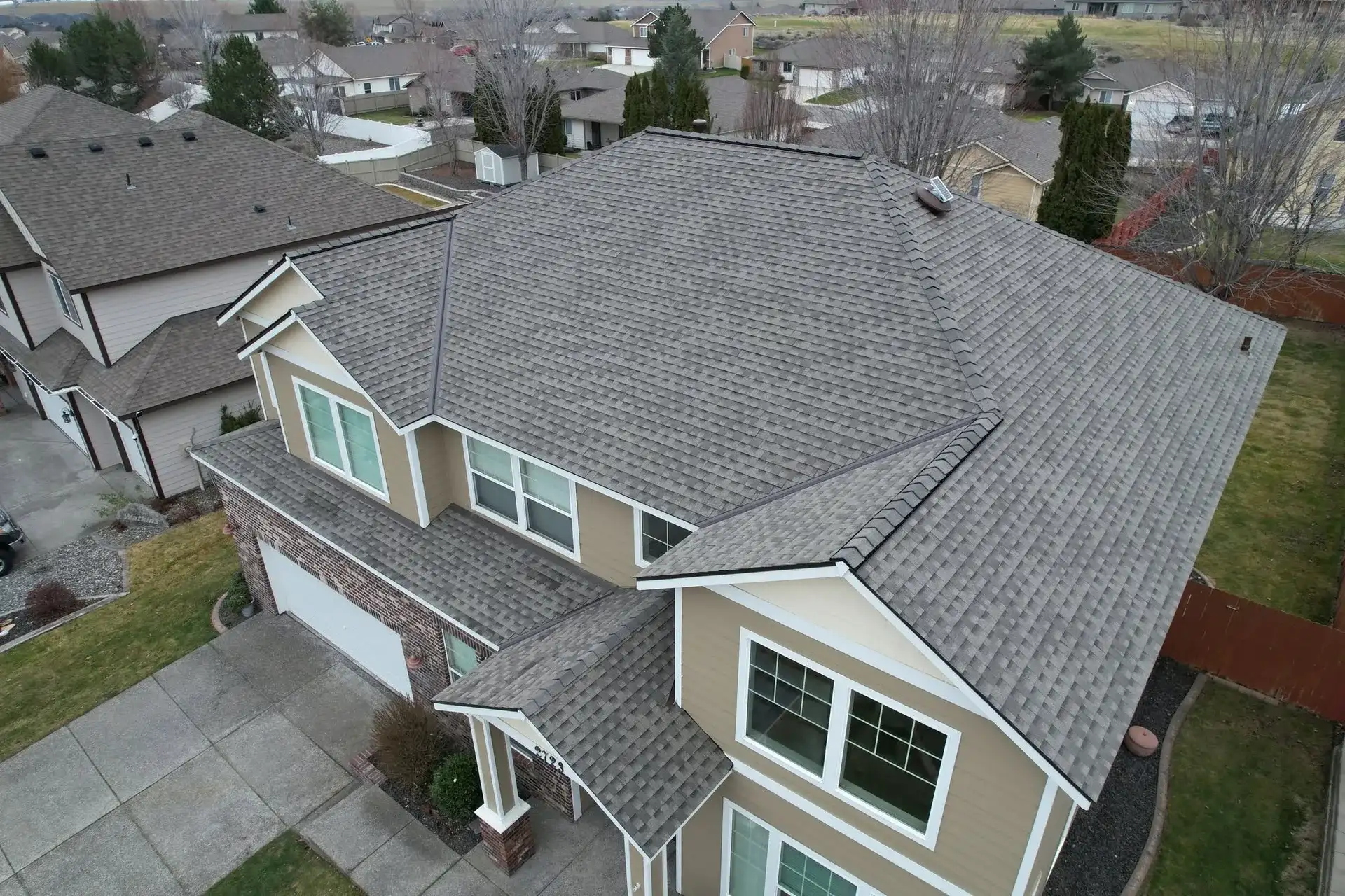 Architectural shingle re-roof. Drone photo by Pantoja's Construction