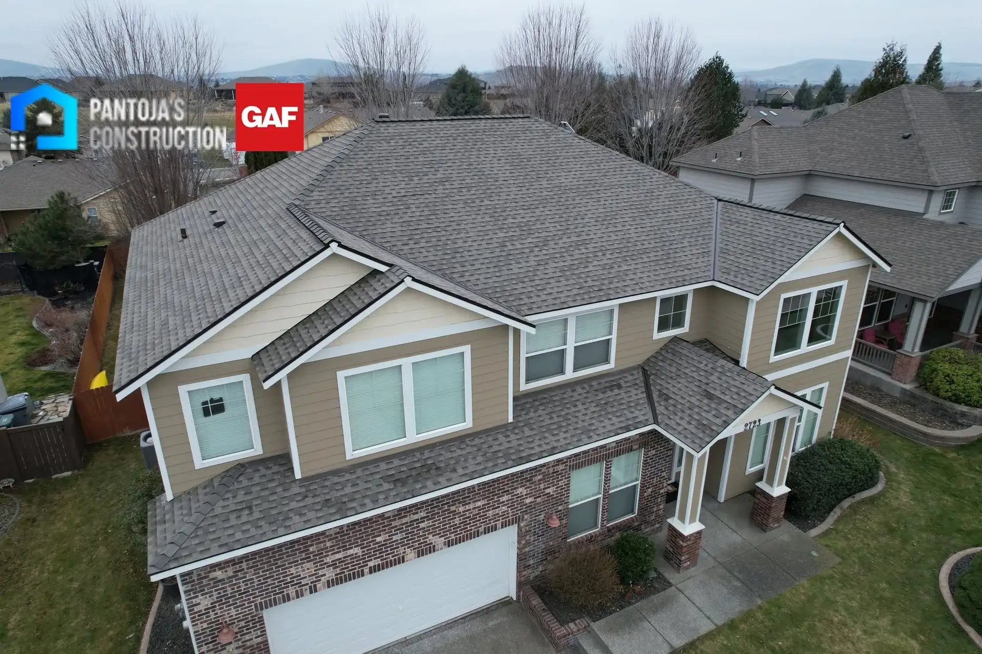 Architectural shingle re-roof. Drone photo by Pantoja's Construction
