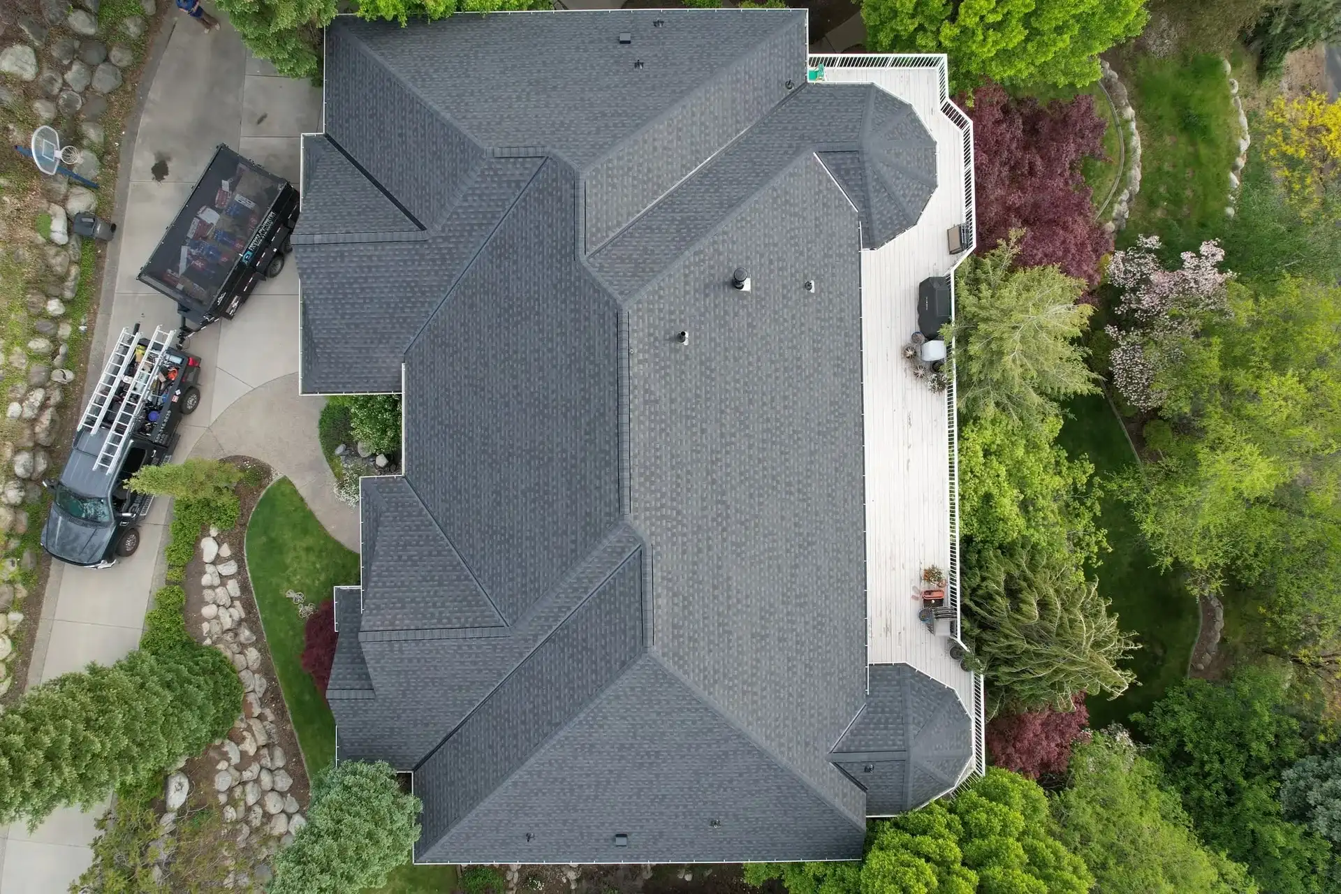 Architectural shingle re-roof. Drone photo by Pantoja's Construction